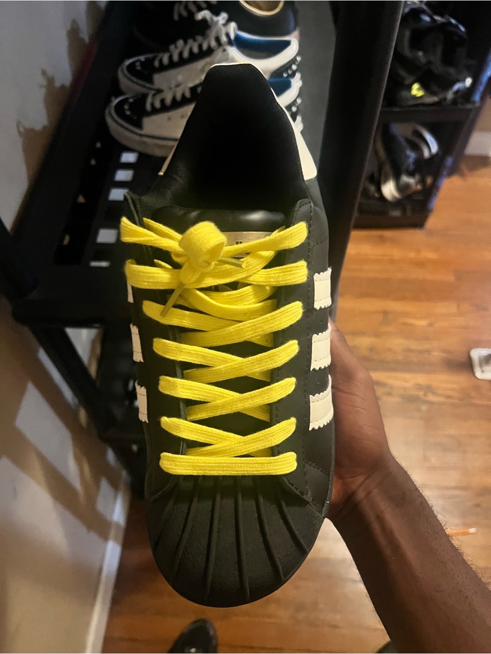 adidas Black Sneakers with Yellow Laces and White Stripes